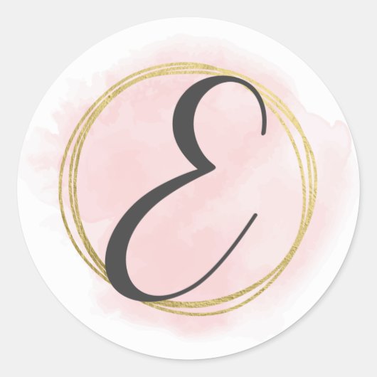 Letter E Monogram Roze Roze Waterverf Goud Chic Ronde Sticker (Voorkant)