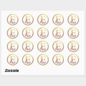 Letter E Monogram Roze Rozen Bloemen & Elegant Gou Ronde Sticker (Vel)