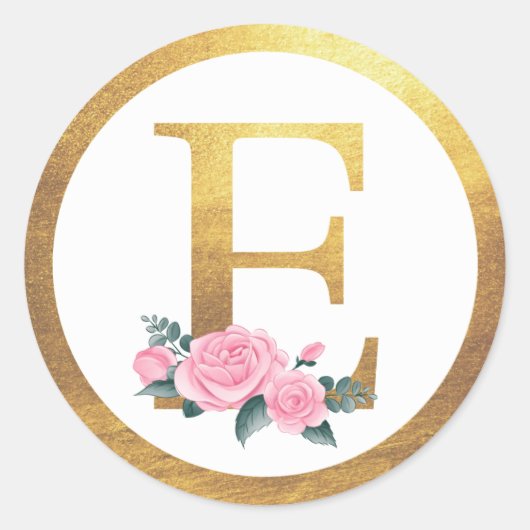 Letter E Monogram Roze Rozen Bloemen & Elegant Gou Ronde Sticker (Voorkant)