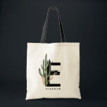 Letter E Monogram | Tropische actus gepersonalisee Tote Bag<br><div class="desc">letter E monogram canvas tas met waterverf cactus,  faux goudfolie bladeren en zwarte waterverf borstelaccenten. Pas deze tropische monogram canvas tas aan door jouw naam of andere details toe te voegen. Deze boho letter E monogrammed tas zal perfect zijn als cadeau. Andere brieven zijn beschikbaar.</div>
