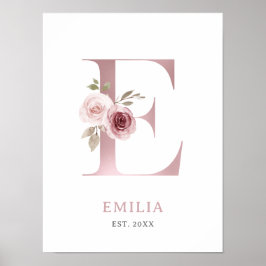 Letter E Monogram Waterverf Roos Bloemen Kinderkam Poster