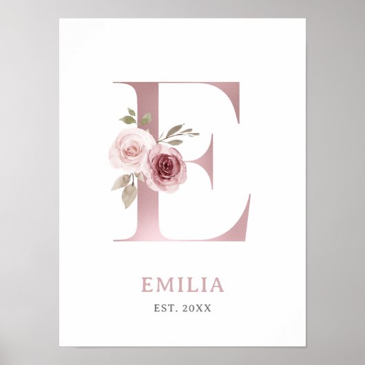 Letter E Monogram Waterverf Roos Bloemen Kinderkam Poster (Voorkant)