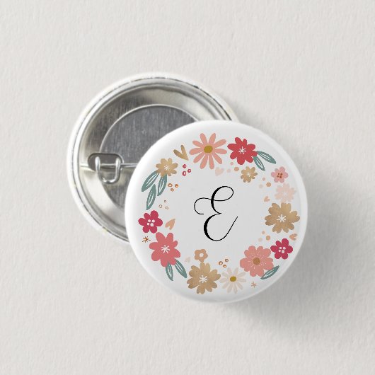 Letter E | Whimsical Bloemenbrief Monogram Ronde Button 3,2 Cm (Voorkant /achterkant)