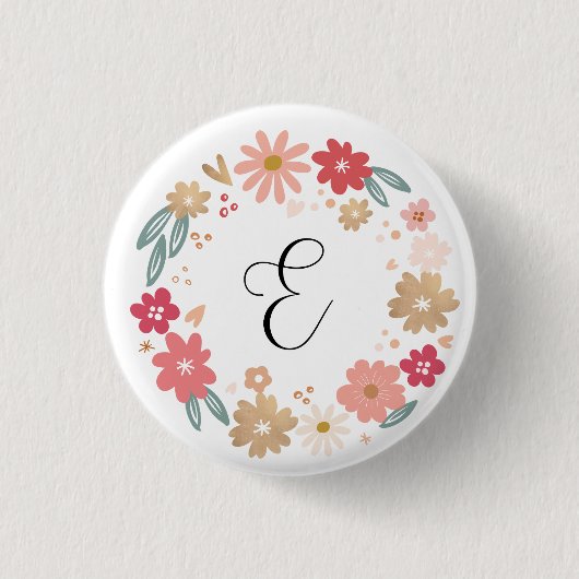 Letter E | Whimsical Bloemenbrief Monogram Ronde Button 3,2 Cm (Voorkant)