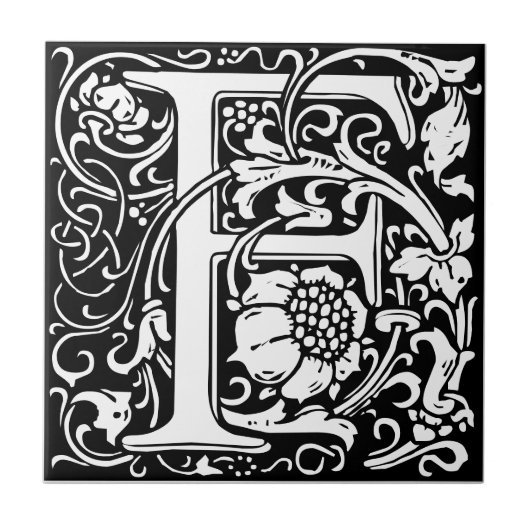 Letter F art nouveau black and white Tegel Tegeltje (Voorkant)