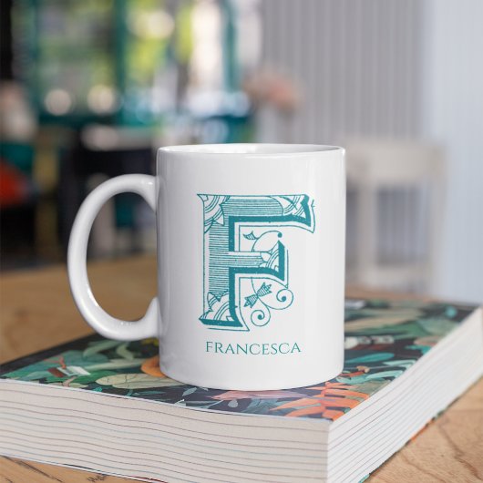 Letter F Blauwgroen Monogram Modern Name Coffee Mo Koffiemok