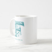 Letter F Blauwgroen Monogram Modern Name Coffee Mo Koffiemok (Voorkant links)