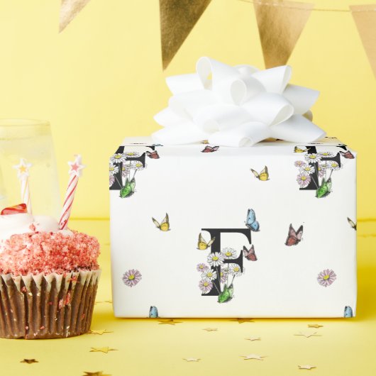Letter F Bloemige Waterverf Vlinder Monogram    Cadeaupapier (Verjaardagsfeest)