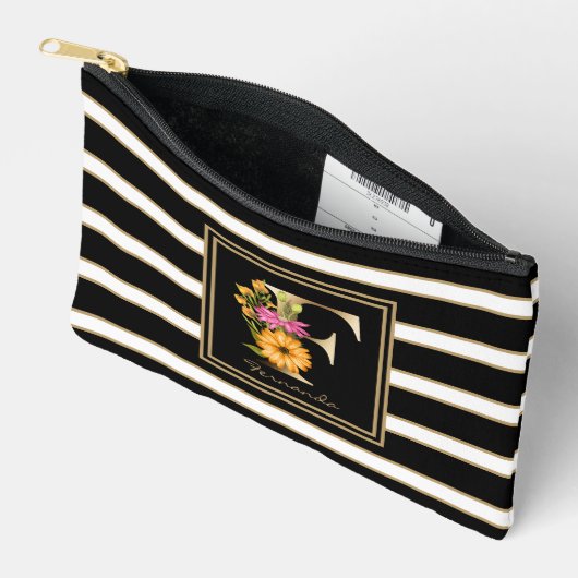 Letter F Bloemmonogram Zwart Wit Gouden Strepen Etui (Open)