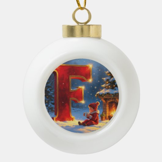 Letter F Christmas Fireplace Personalized Initial Keramische Bal Ornament (Voorkant)