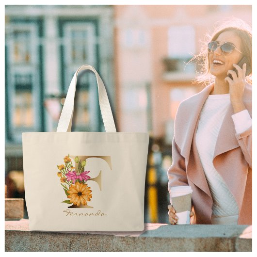 Letter F Elegant Floral Gold Monogram Grote Tote Bag