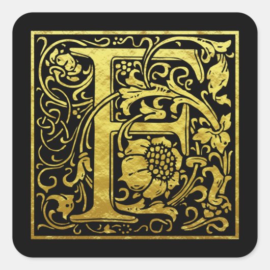 Letter F First Letter Faux Gold Black Vierkante Sticker (Voorkant)
