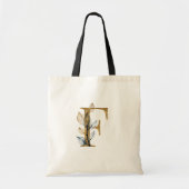 *~* Letter F Gold Monogram Initiaal Black Leaves Tote Bag (Voorkant)