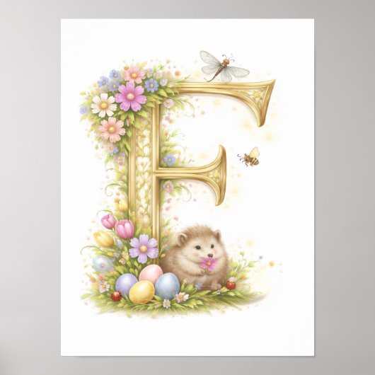 Letter F Gold Spring Nature Monogram Hedgehog Kids Poster (Voorkant)