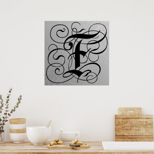 Letter F, Gothic Monogram Black Poster (Keuken)