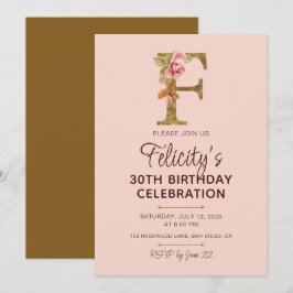 Letter F Gouden Monogram Roze Rozen Kaart