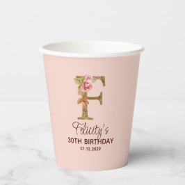 Letter F Gouden Monogram Roze Rozen Papieren Bekers