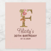 Letter F Gouden Monogram Roze Rozen Wijn Etiket (Enkel label)