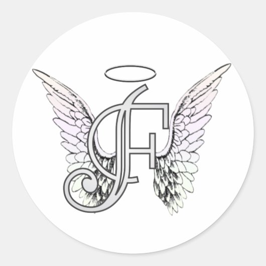 Letter F Initiaal Monogram met Angel Wings & Halo Ronde Sticker (Voorkant)