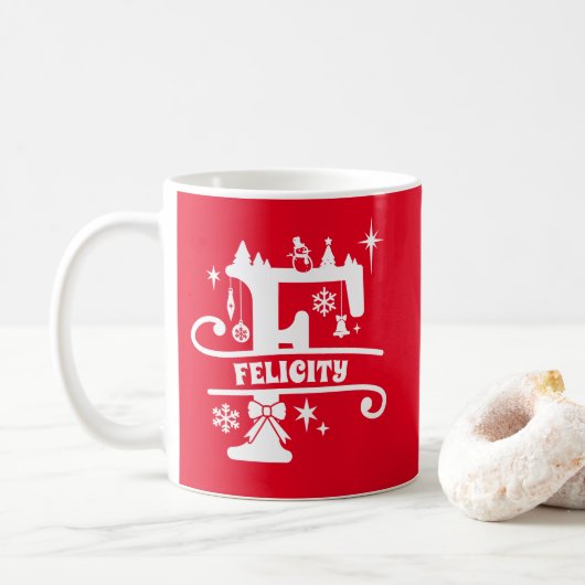 Letter F Kerstmonogram Initiaal Naam Rood Koffiemok (Met donut)