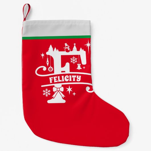Letter F Kerstmonogram Initiaal Naam Rood Wit Kleine Kerstsok (Voorkant)
