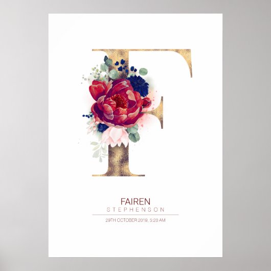 Letter F Monogram Bloemendecor Navyblauw en Burgun Poster (Voorkant)