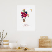 Letter F Monogram Bloemendecor Navyblauw en Burgun Poster (Keuken)