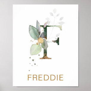 Letter F Monogram Green & gold foliage Nursery Poster