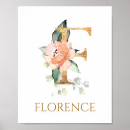 Letter F Monogram Roze Peach roos Nursery Poster