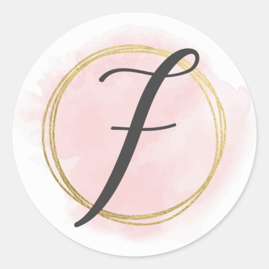 Letter F Monogram Roze Roze Waterverf Goud Chic Ronde Sticker (Voorkant)