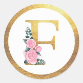 Letter F Monogram Roze Rozen Bloemen & Elegant Gou Ronde Sticker