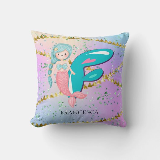 Letter F Monogram Waterverf Cute Mermaid Nursery Kussen (Voorkant)