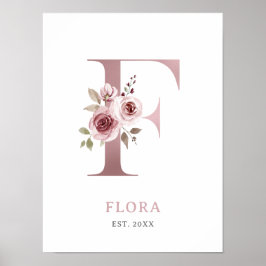 Letter F Monogram Waterverf Roos Bloemen Kinderkam Poster
