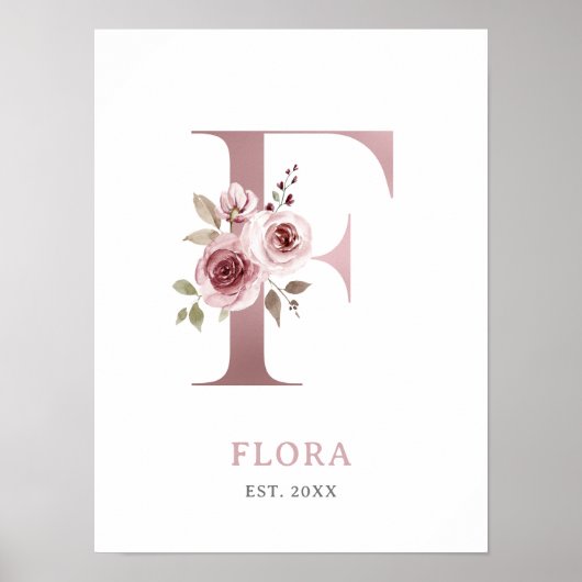 Letter F Monogram Waterverf Roos Bloemen Kinderkam Poster (Voorkant)