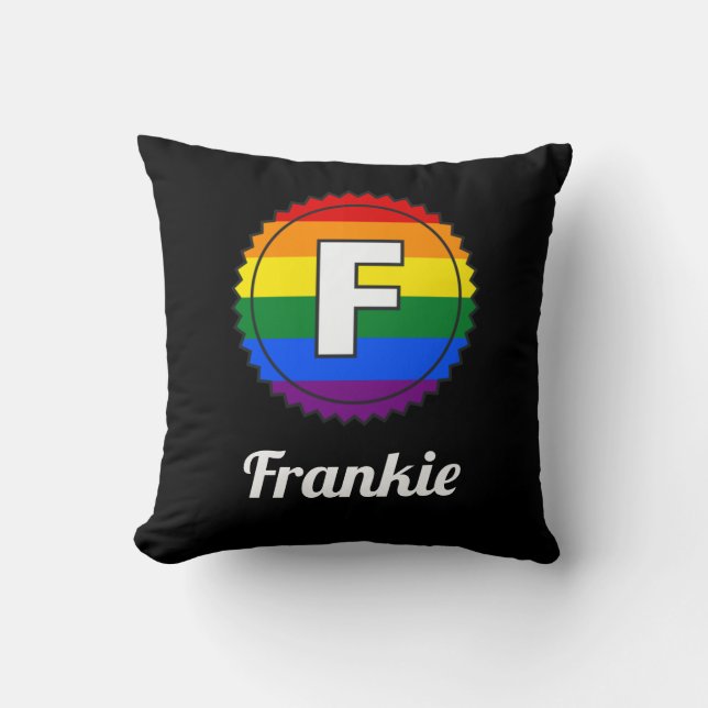 Letter F Name Gay Pride Rainbow Monogram - zwart Kussen (Voorkant)