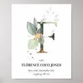 Letter F New Baby Monogram Birth Print Greenery (Voorkant)