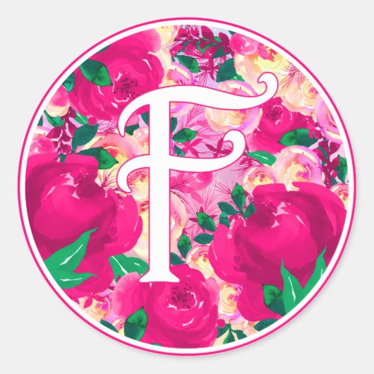 Letter F Roze Waterverf Floral Circle Monogram Ronde Sticker (Voorkant)