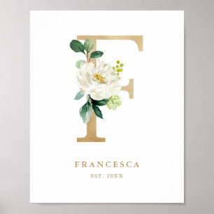 Letter F White Floral Monogram Gold Foil Nursery Poster