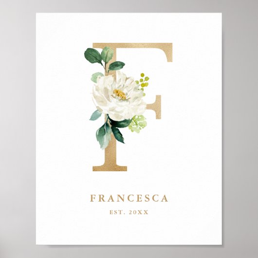 Letter F White Floral Monogram Gold Foil Nursery Poster (Voorkant)