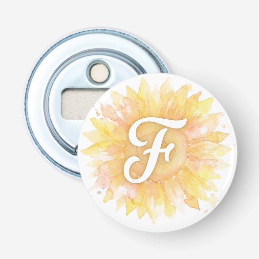 Letter F Zonnebloem Eerste Naam Monogram Initiaal  Button Flesopener (Voorkant)