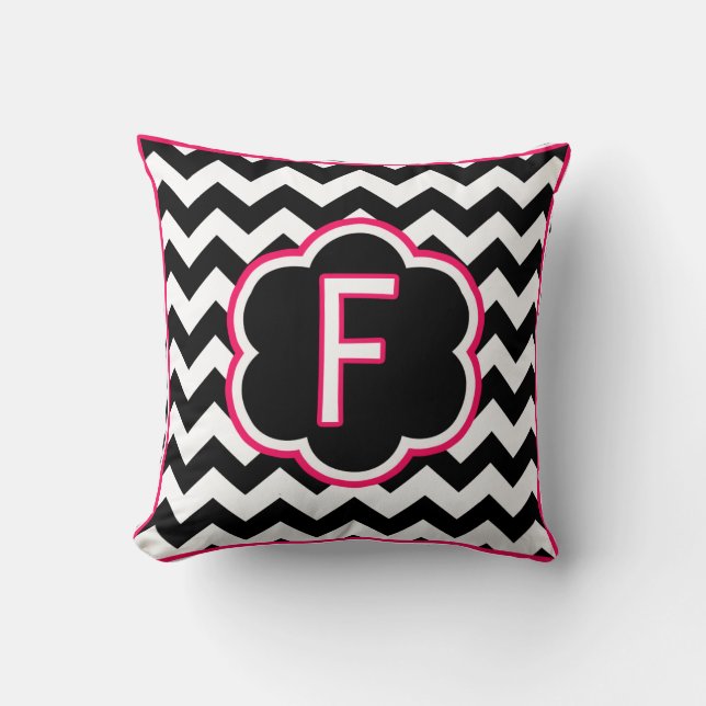 Letter F Zwart en Wit Chevron Monogram Kussen (Voorkant)