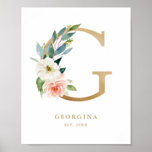 Letter G Blush Floral Monogram Gold Foil Nursery Poster