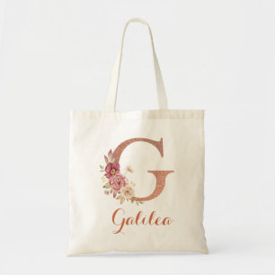 Letter G Blush roze Glitter Bloemen Monogram Tote Bag