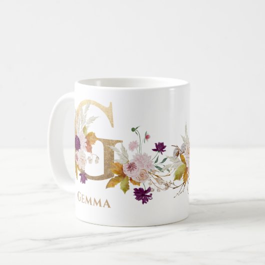 Letter G - Gouden bloem naam zus collega vriend Koffiemok (Voorkant links)