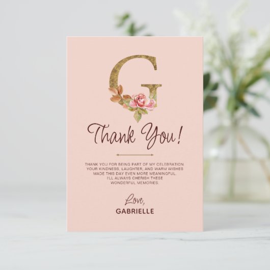 Letter G Gouden Monogram Roze Rozen Bedankkaart (Staand voorkant)