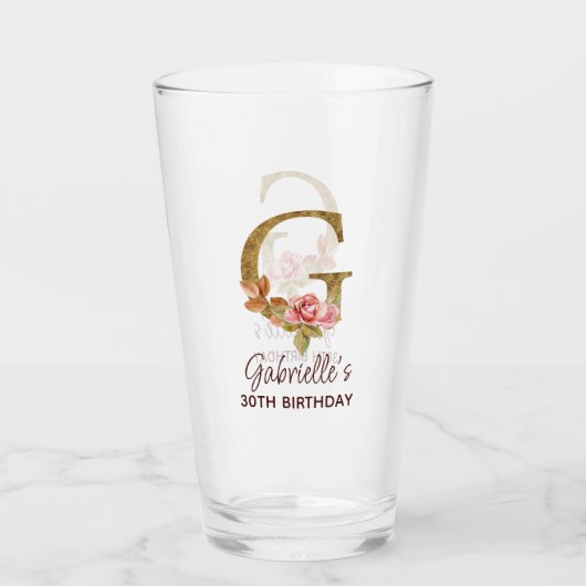 Letter G Gouden Monogram Roze Rozen Glas (Voorkant)