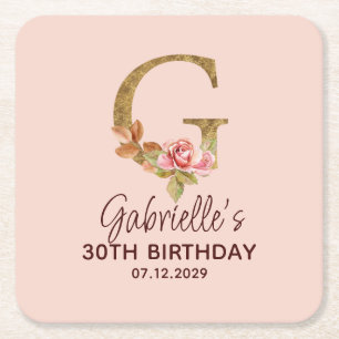 Letter G Gouden Monogram Roze Rozen Kartonnen Onderzetters