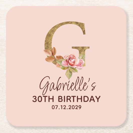 Letter G Gouden Monogram Roze Rozen Kartonnen Onderzetters (Voorkant)