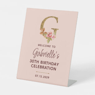 Letter G Gouden Monogram Roze Rozen Teken Reclamebord Met Voetstuk