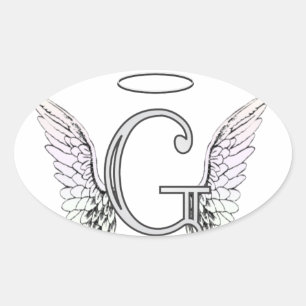 Letter G Initiaal Monogram met Angel Wings & Halo Ovale Sticker